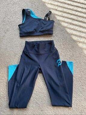 Peloton Black Leggings & Sports Bra with Teal Accents